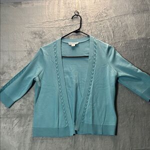 Pendleton Blue Open Front Cardigan Sweater Braided Detail Petite Size Small